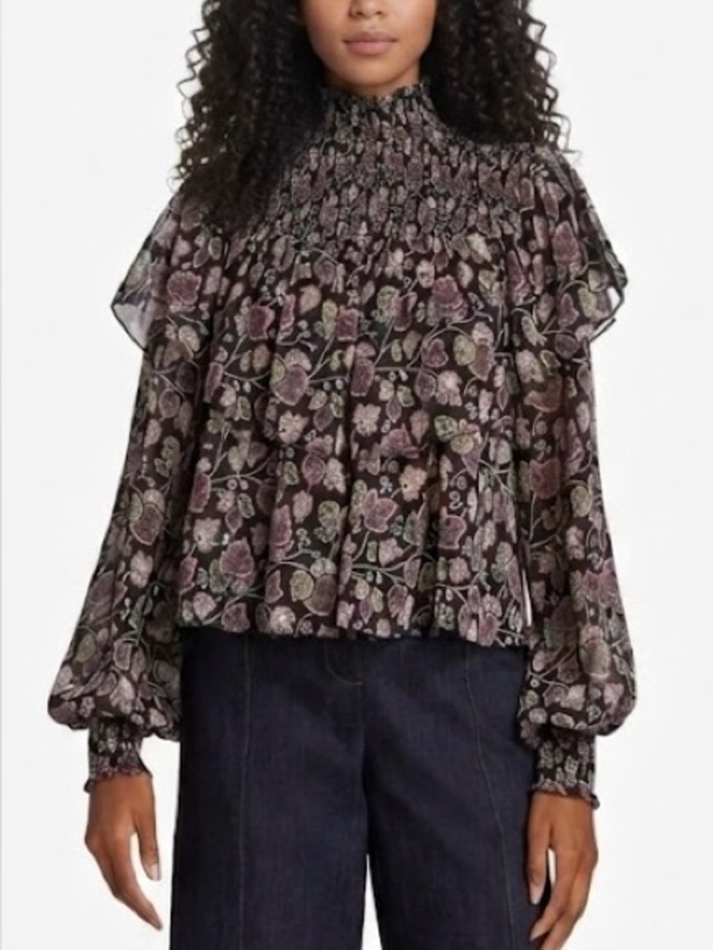 Cinq à Sept Drew Georgette Smocked High-Neck Blouse